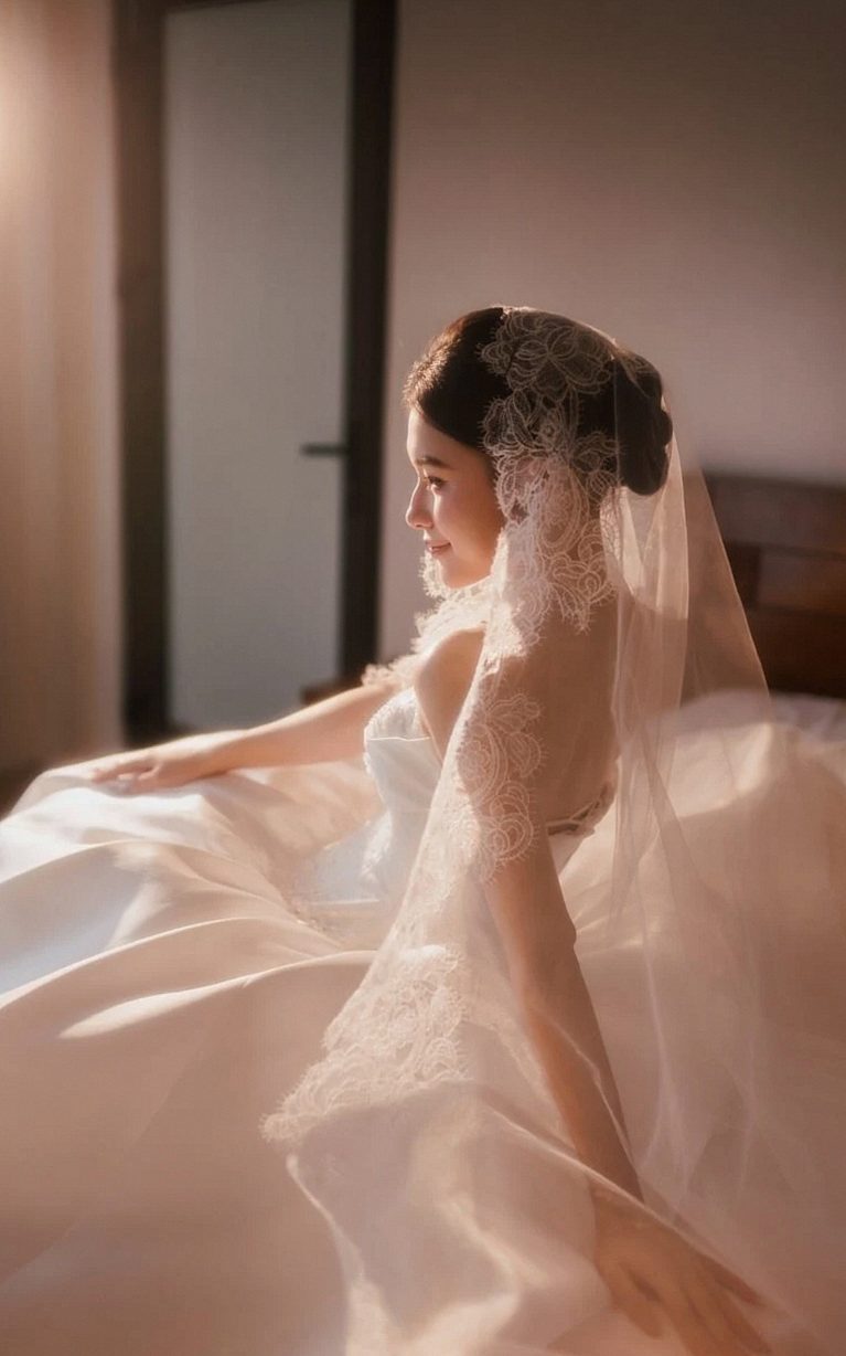 Bride in a long ivory lace veil seated in soft window light